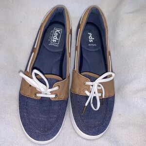Keds Blue Chambray Boat Shoes Coastal Style Tan Trim Lace-Up Flats Comfort US 8